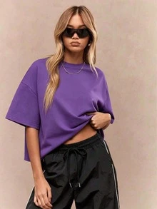 Oversized Heavy T-Shirt Modern Streetwear Essential Boxy Cut Casual Summer Basic Loopback Top Ultra Soft Minimalist Urban Fashion Staple-Unisex Summer Casual Vintage Cotton Printed T-Shirts For Couples - 紫色 - 查看 10