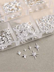 6 Grids 3D Silver Metal Star & Geometric Nail Art Charms (Pentagon, Triangle, Square, Exploding Star, Cross Star), Y2K Japanese Style Nail Jewelry For DIY Manicure - Silver - View 4