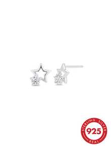 Bông tai hình ngôi sao rỗng bằng bạc S925 đính đá Zirconia sáng bóng, không gây dị ứng, phù hợp cho cả nam và nữ, quà tặng Giáng sinh và Lễ Tạ ơn, kèm hộp quà sang trọng. - Bạc - Xem 1