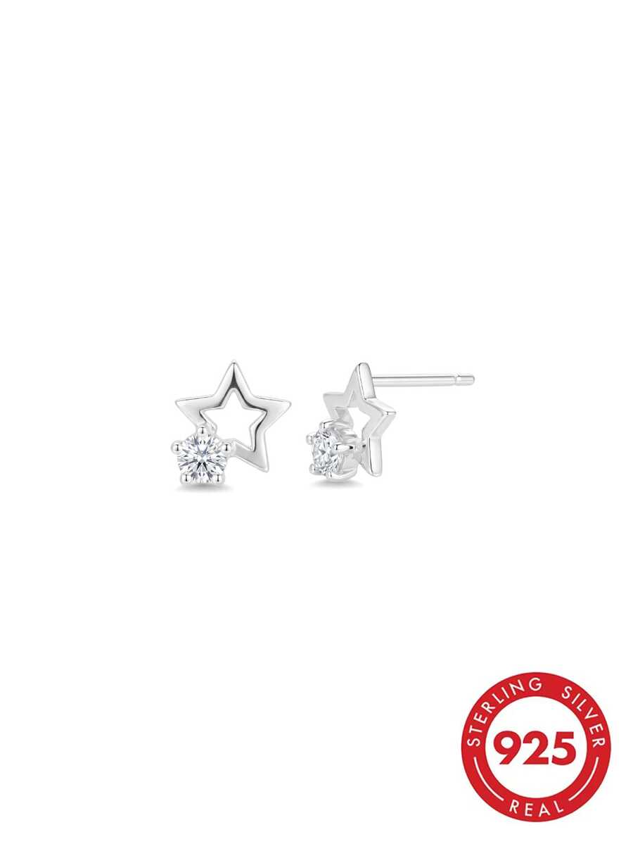 Bông tai hình ngôi sao rỗng bằng bạc S925 đính đá Zirconia sáng bóng, không gây dị ứng, phù hợp cho cả nam và nữ, quà tặng Giáng sinh và Lễ Tạ ơn, kèm hộp quà sang trọng. - Bạc - Xem 1