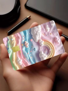 1pc Cute Rainbow Cloud Credit Card Sticker, Cotton Candy Style Party Birthday Gift, PVC Material Anti-Fingerprint Anti-Scratch Durable Skin, Suitable For Men, Women, Couples, Fits Small Chip Cards, Bank Cards, Credit Cards, Transportation Cards, Student ID Cards For DIY - Type a - View 2