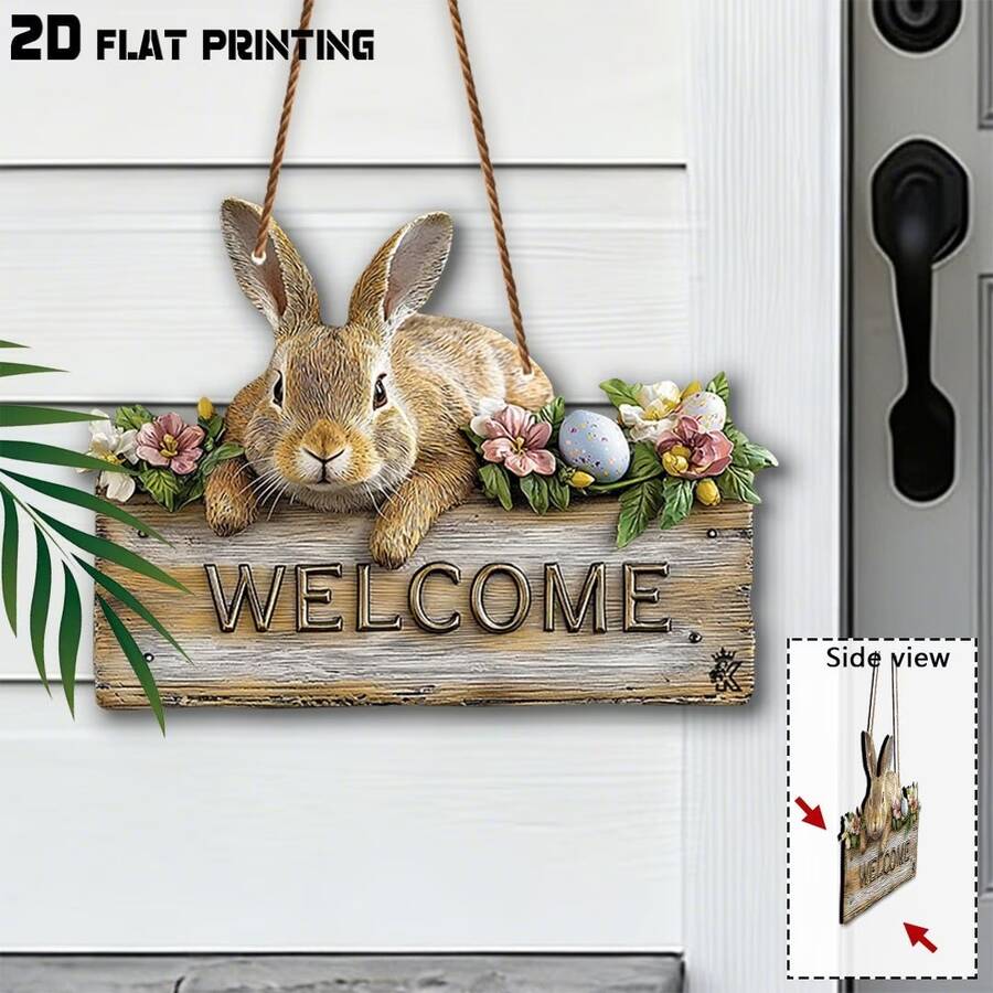 2D Flat, 1pc Hanging Rabbit Welcome Sign, Home Decor, Spring Gift, Easter Decoration, Cute Style Wall Decor, Childlike Home Sign, Gift For Rabbit Lovers, Porch Decor, Yard Wall Decor, Outdoor Wall Decor - A - View 1