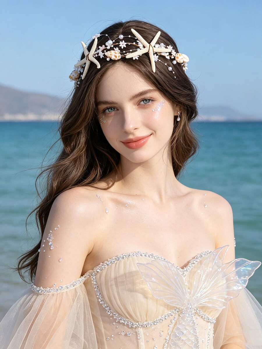 Starfish & Shell Flower Crown, Perfect Accessory For Beach Wedding / Vacation Photoshoot - Multicolor - View 1