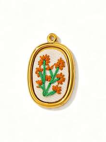 1 pieza Colgante geométrico de acero inoxidable chapado en oro de 18K con bordado de flor pastoral y mariquita, forma redonda de gota de agua, estilo pastoral fresco, accesorio de joyería para collar, bolso y llavero DIY para vacaciones - Multicolor - Ver 11