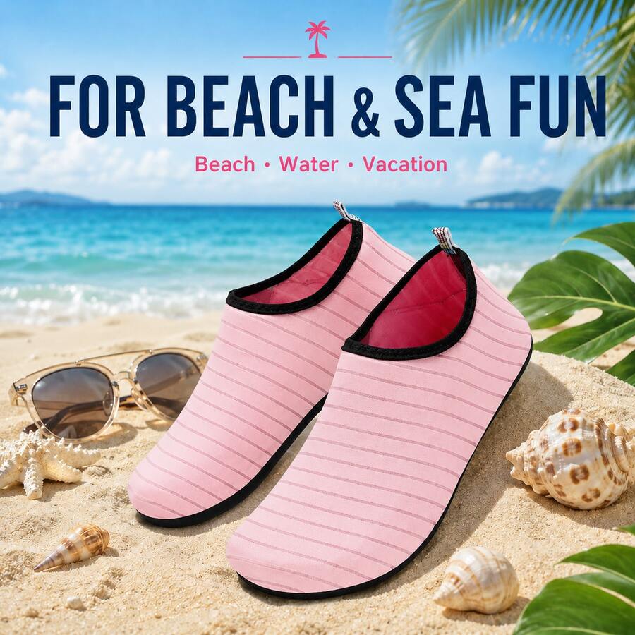 Fashionable Water Shoes: Striped Light Pink, Smooth And Breathable Upper. Suitable For Beach Vacations, Beach Walks And Water Activities. Women's Stream Hiking Shoes, With Non-Slip Rubber Soles, A Fun And Practical Beach Water Shoe.
