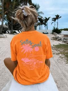 Women's Orange Salty Soul Palm Tree Graphic T-Shirt, Oversized Short Sleeve Tee, Vacation Outfits Women, Back To School Clothes, Fall Casual Top - 橘色 - 查看 3