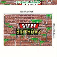 Hero Turtle Cartoon Party Fotobox Requisiten, Rote Ziegelwand & Wasserrohr Design Geburtstags-Wandflagge mit "Happy Birthday" Text, Vinyl Banner für Geburtstagsfeier Dekoration Hintergrund, gemischte Farben, Raumdekoration Zubehör - Übersicht 3