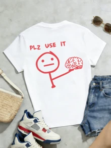 Women's Soft And Casual Short-Sleeved Crew Neck T-Shirt, Red With Fun Graphic Print "Plz Use It" For Spring And Summer Wear. - 白色 - 查看 5