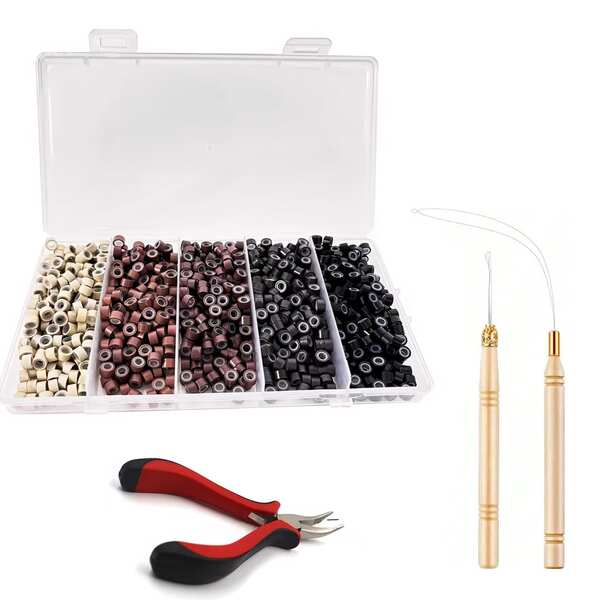 New Silicone Beads 1000/1920pcs 5 Colors Silicone Lined Micro Rings Hair Extension Pliers And Crochet Hook Complete Hair Extension Set