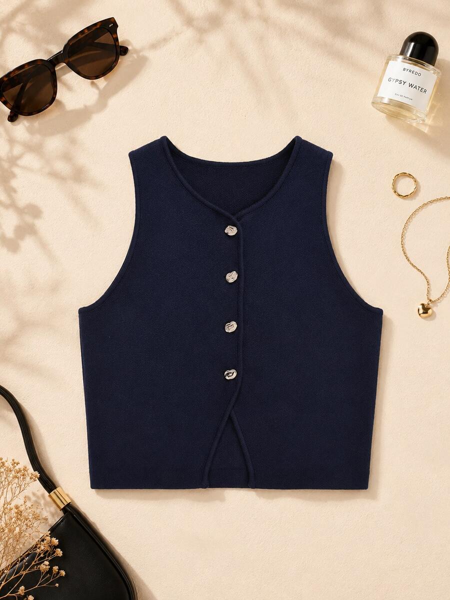 Button Front Split Hem Knit Top - Navy Blue - View 1