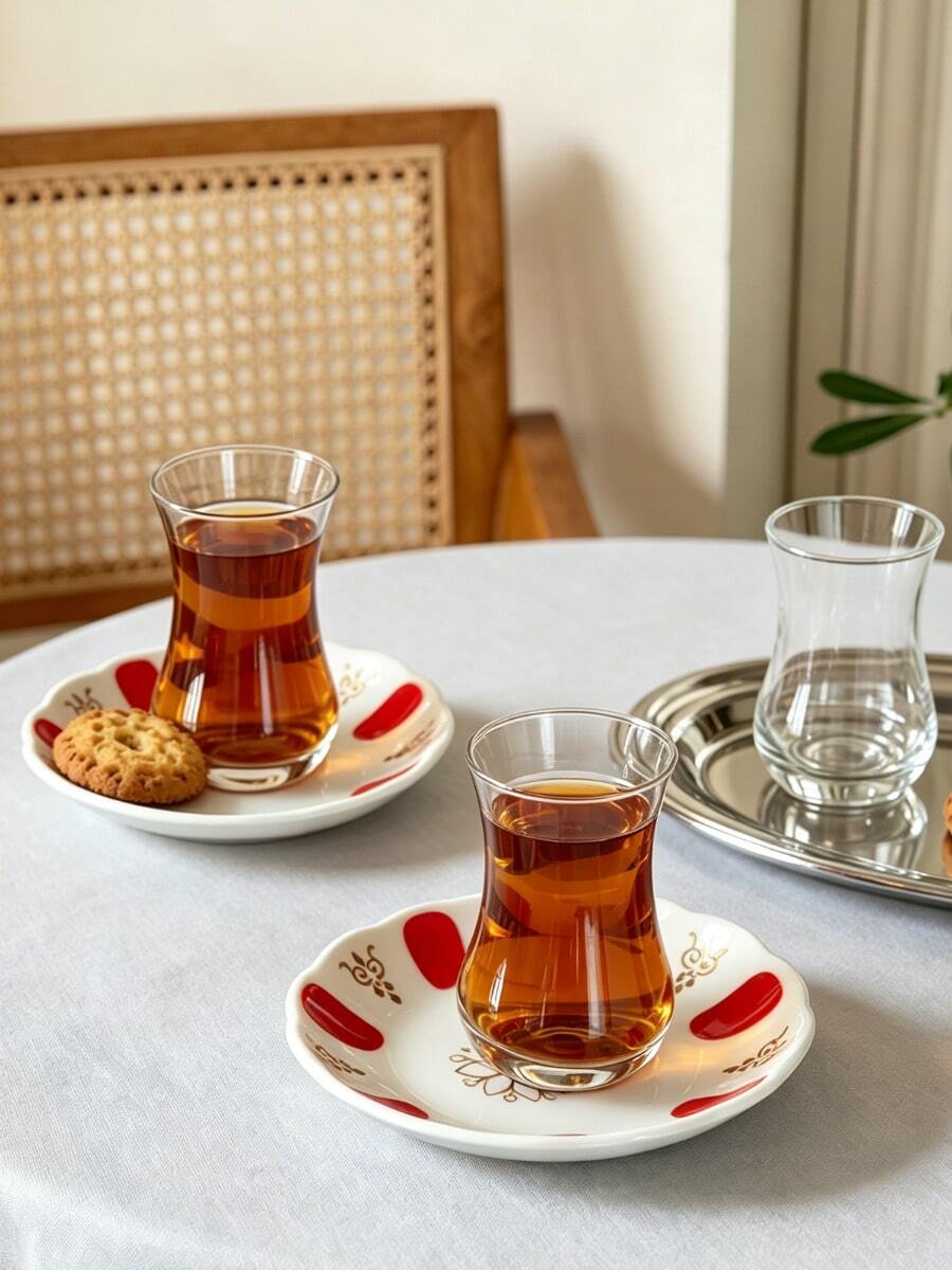 1/6 套金箔装饰陶瓷茶杯垫配玻璃杯，红金印花土耳其茶杯套装，高品质茶具，饰以金箔点缀，适合爱茶人士、下午茶、开斋节等场合。