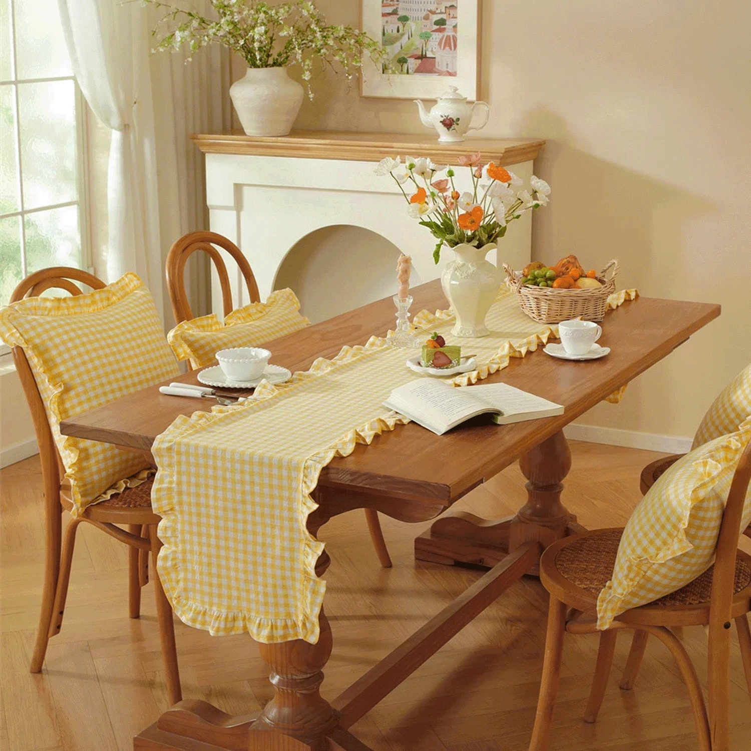 1/20PCS French Style Plaid Vintage Ruffle Edge Table Runner, Suitable For Living Room, Dining Room, Holiday Party, Family Gathering, Wedding Banquet, Birthday Table Decoration, Washable - Yellow - View 1