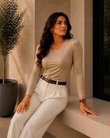 Women's Basic V-Neck Long Sleeve Blouse - Khaki - View 1