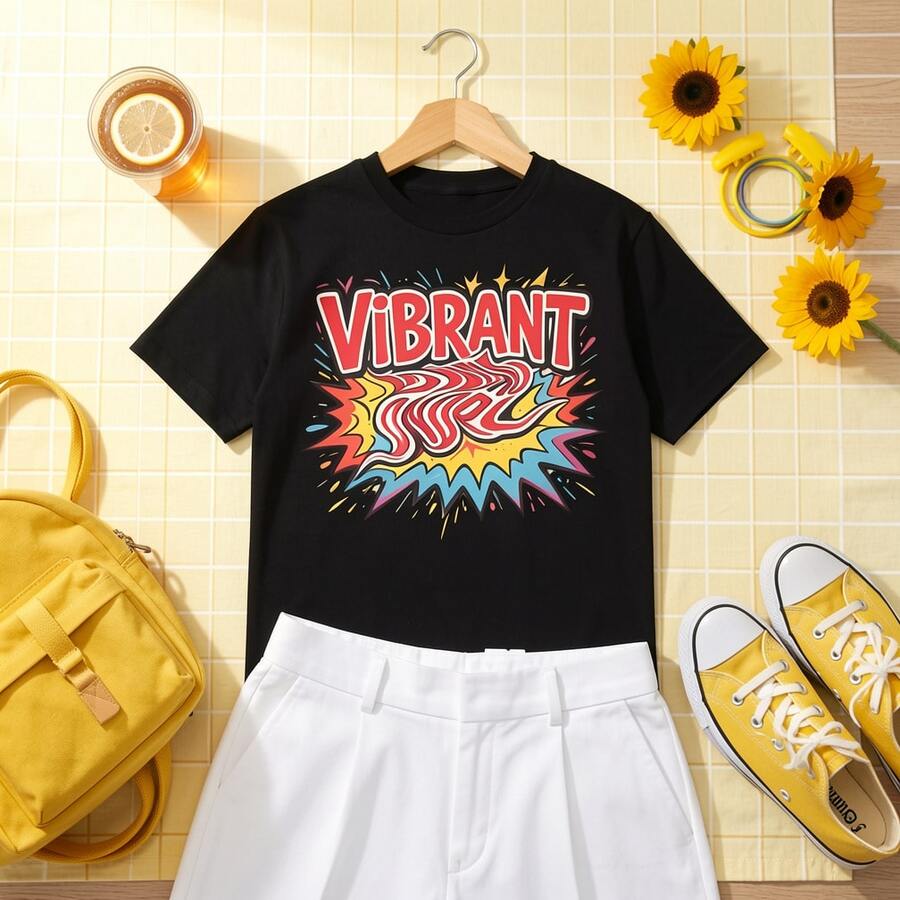 Camiseta cropped de manga corta con estampado pop art _VIBRANT SOUL_, estilo juvenil casual - Negro - Ver 1