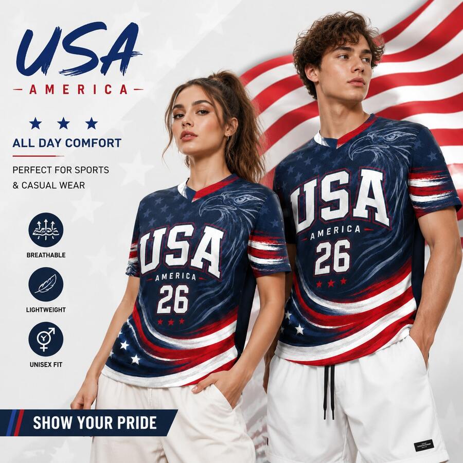 Unisex Premium USA Soccer Jersey 2026 Matching Couples Patriotic America Football Shirt Breathable Sports Tee Men Women Athletic Top - 彩色 - 查看 1