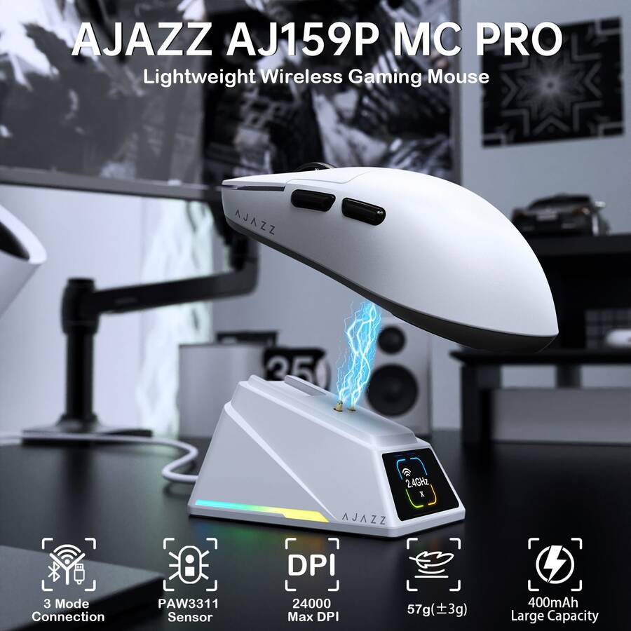 ATTACK SHARK AJ159PMCPRO Wireless Gaming Mouse With RGB Magnetic Charging Base,24000 DPI PAW3311 Sensor,Tri-Mode,57g Ultra-Light,1000Hz Polling,20 Million Clicks,Programmable - View 1