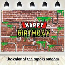 Hero Turtle Cartoon Party Fotobox Requisiten, Rote Ziegelwand & Wasserrohr Design Geburtstags-Wandflagge mit "Happy Birthday" Text, Vinyl Banner für Geburtstagsfeier Dekoration Hintergrund, gemischte Farben, Raumdekoration Zubehör - Übersicht 7