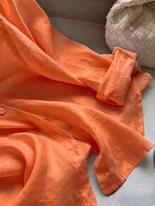 Women's Casual Solid Color Front Button Curved Hem Shirt - Orange - View 4