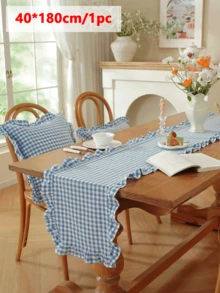 1/20PCS French Style Plaid Vintage Ruffle Edge Table Runner, Suitable For Living Room, Dining Room, Holiday Party, Family Gathering, Wedding Banquet, Birthday Table Decoration, Washable - Blue - View 6