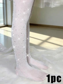 1 件装 女童镂空水钻设计渔网连裤袜，薄款，春夏 - 彩色 - 查看 10