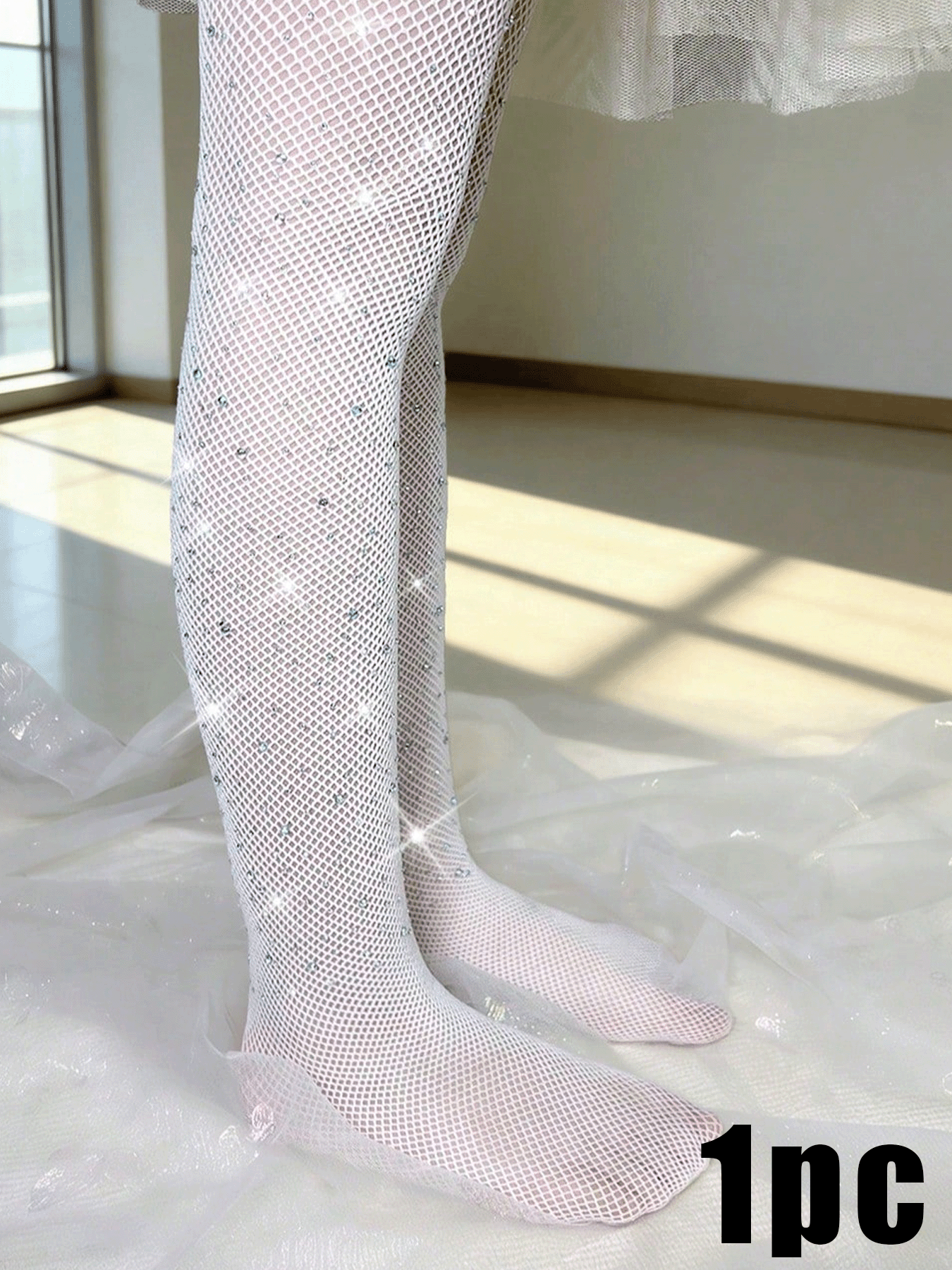 1 件装 女童镂空水钻设计渔网连裤袜，薄款，春夏 - 彩色 - 查看 9