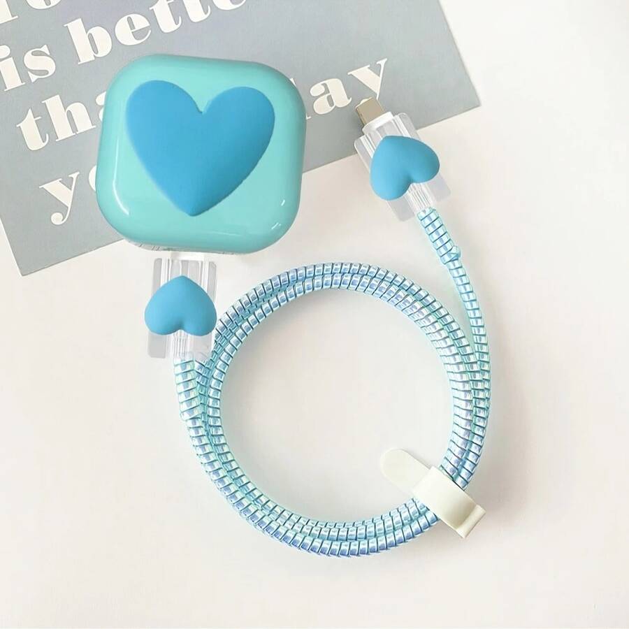 Blue Heart-Shaped Data Cable Protector Sleeve Compatible With UK 40W Charger, Anti-Breakage And Anti-Scratch Protective Cover - Mint Blue - View 1