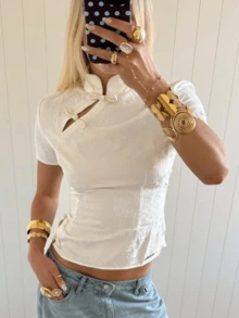 Women's Autumn White Cheongsam Top Mandarin Collar Traditional Frog Button Casual Shirts For Women Short Sleeve Textured Polyester Blouse - 白色 - 查看 2