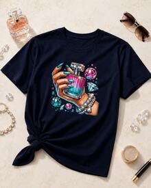 Women's Graphic Tee With Perfume, Nail, And Sparkly Jewelry Print, 100% Breathable Cotton, Short Sleeves, Round Neck, Soft And Comfortable, Casual Summer Top For Everyday Wear - 藍色 - 查看 3