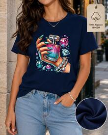 Women's Graphic Tee With Perfume, Nail, And Sparkly Jewelry Print, 100% Breathable Cotton, Short Sleeves, Round Neck, Soft And Comfortable, Casual Summer Top For Everyday Wear - 藍色 - 查看 2
