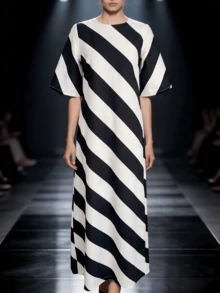 Women's Bold Diagonal Stripe Maxi Dress - Black And White Flared Sleeve Long Dresses Elegant Geometric Shift Kaftan - 黑與白 - 查看 9