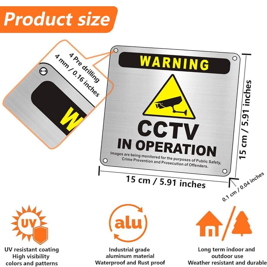 1/2件 CCTV 運作中金屬告示牌 自黏式 5.9x5.9 英吋 刷紋鋁製 CCTV 警告標誌 - A - 查看 1