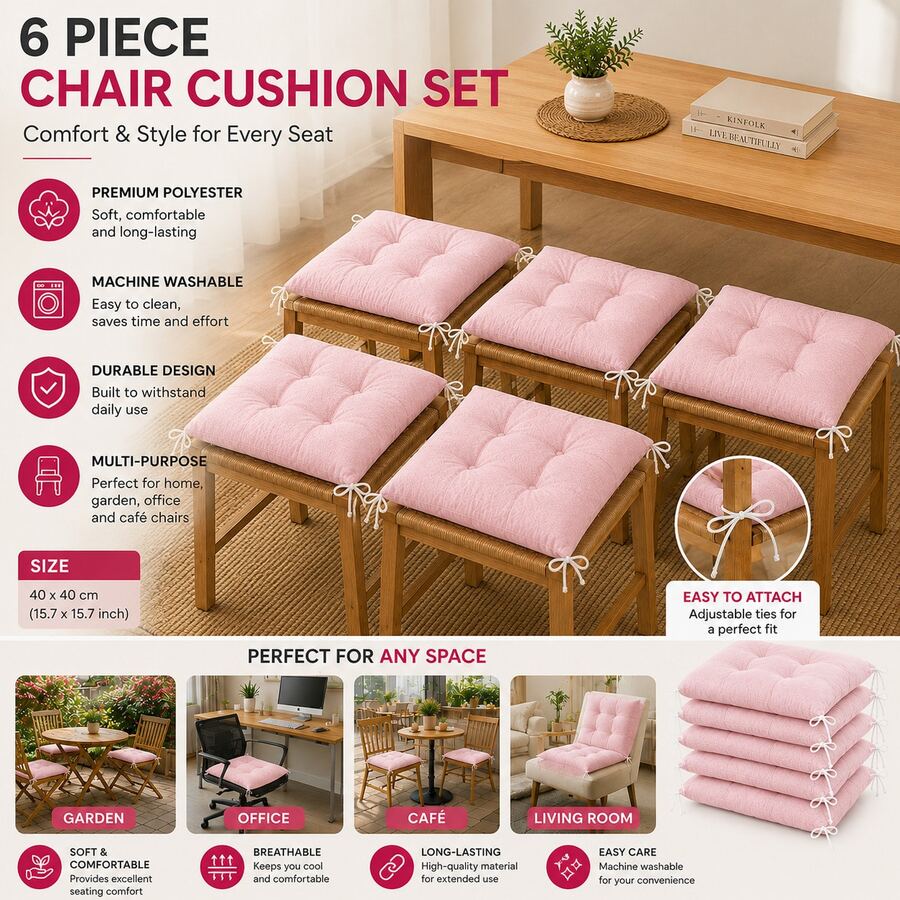 Made In Turkey, Available In 4-Piece And 6-Piece Sets, Polyester Chair Cushions, Soft, Machine Washable And Durable, Suitable For Daily Use, 40*40cm, Fits Dining Room, Kitchen, Garden, Office And Cafe Chairs - Pink - View 1