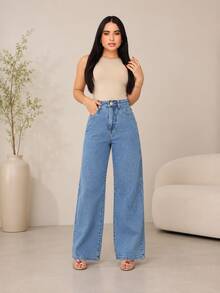 Women's Wide Leg Jeans, Straight Fit, Elegant, Thick Denim, No Elastane, Premium - Medium Wash - View 2
