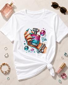 Women's Short-Sleeved, Soft-To-The-Touch, Pure Cotton T-Shirt With Casual Prints Featuring Perfume Bottles, Nail Art, And Colorful Diamonds. This Crew-Neck T-Shirt Is Perfect For Casual Outings, Holiday Gifts, Get-Togethers With Friends, Music Festivals, And Vacation Wear. - 白色 - 查看 3