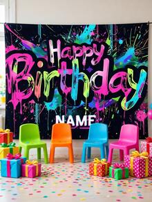 Customized Name Neon Graffiti Birthday Backdrop, Personalized Glowing Night Light Party Banner, Aesthetic Vintage Street Art Splatter Photo Background, Suitable For Boys And Girls, Punk Style, Birthday Banner, Birthday Decoration, Reusable Premium Fabric Poster (Multiple Sizes) - Multicolor - View 5