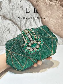 1 Bolsa de mão pequena, luxuosa, verde com strass brilhante, estilo clutch floral. Ideal para festas, casamentos e ocasiões formais. Uma ótima opção de presente para mulheres. - Verde - Ver 10