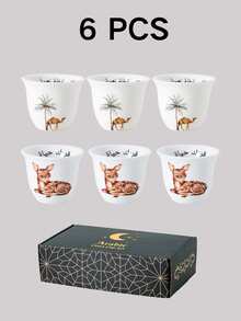 6/12pcs Set Arabic Ceramic Coffee Cup Set - Camel & Palm Tree Pattern With Arabic Blessing, Suitable For Eid Al-Adha Gathering And Daily Use - Multicolor - View 12