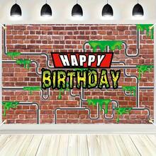 Hero Turtle Cartoon Party Fotobox Requisiten, Rote Ziegelwand & Wasserrohr Design Geburtstags-Wandflagge mit "Happy Birthday" Text, Vinyl Banner für Geburtstagsfeier Dekoration Hintergrund, gemischte Farben, Raumdekoration Zubehör - Übersicht 1