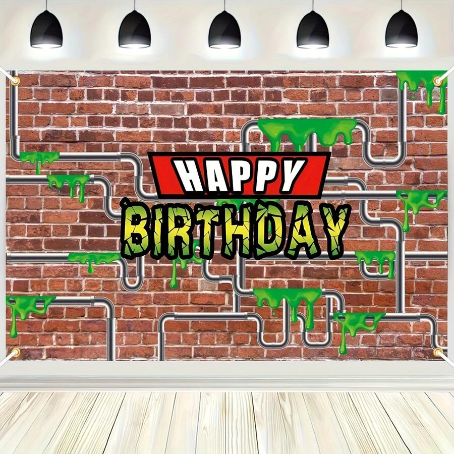 Hero Turtle Cartoon Party Fotobox Requisiten, Rote Ziegelwand & Wasserrohr Design Geburtstags-Wandflagge mit "Happy Birthday" Text, Vinyl Banner für Geburtstagsfeier Dekoration Hintergrund, gemischte Farben, Raumdekoration Zubehör - Übersicht 1
