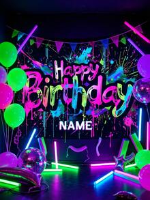 Customized Name Neon Graffiti Birthday Backdrop, Personalized Glowing Night Light Party Banner, Aesthetic Vintage Street Art Splatter Photo Background, Suitable For Boys And Girls, Punk Style, Birthday Banner, Birthday Decoration, Reusable Premium Fabric Poster (Multiple Sizes) - Multicolor - View 7