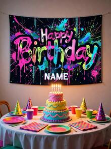 Customized Name Neon Graffiti Birthday Backdrop, Personalized Glowing Night Light Party Banner, Aesthetic Vintage Street Art Splatter Photo Background, Suitable For Boys And Girls, Punk Style, Birthday Banner, Birthday Decoration, Reusable Premium Fabric Poster (Multiple Sizes) - Multicolor - View 4