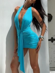 Women's Vintage Sleeveless Deep V Neck Bodycon Short Dress With Gold Detail, Ruched Midi Stretch Cocktail Dress, Formal Party Gown Clubwear - 淺藍色 - 查看 10