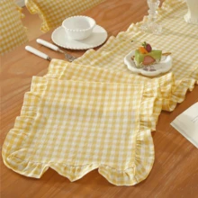 1/20PCS French Style Plaid Vintage Ruffle Edge Table Runner, Suitable For Living Room, Dining Room, Holiday Party, Family Gathering, Wedding Banquet, Birthday Table Decoration, Washable - Yellow - View 5