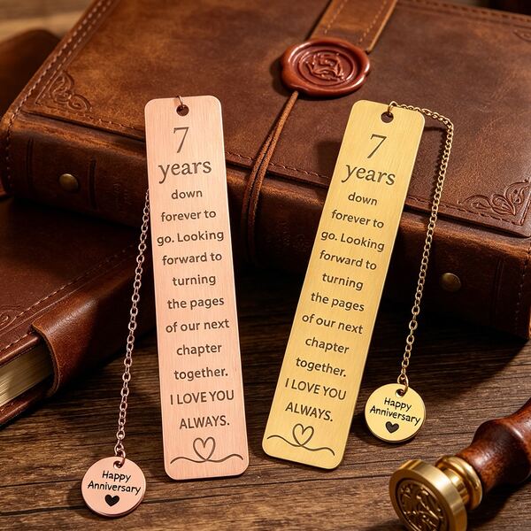 7th Anniversary Themed Stainless Steel Bookmarks Engraved With Romantic Confessions And Meaningful Anniversary Messages, Paired With Happy Anniversary Pendants, Exclusive Commemorative Gifts For Lovers And Partners