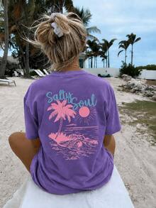 Women's Purple Salty Soul Palm Tree Graphic T-Shirt, Oversized Short Sleeve Tee, Vacation Outfits Women, Back To School Clothes, Fall Casual Top - 紫色 - 查看 4