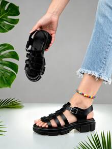 Women's Gladiator Multi-Strap Chunky Heel Platform Sandals, Open Toe Ankle Strap Summer Black PU Leather Sandals - Black - View 6