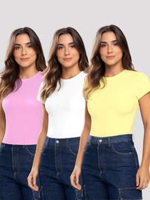 KIT 03 Women's Baby Tee - Slim Fit Short Sleeve Blouse - Compression Baby Tee - 嬰兒粉,奶油黃和白色 - 查看 1