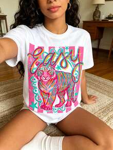 Summer Dachshund Print T-Shirt - Short-Sleeve Crew Neck Casual Top, Lightweight And Breathable, Ideal For Spring And Summer Wear | Vibrant-Colored Tee - 白色 - 查看 2
