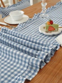 1/20PCS French Style Plaid Vintage Ruffle Edge Table Runner, Suitable For Living Room, Dining Room, Holiday Party, Family Gathering, Wedding Banquet, Birthday Table Decoration, Washable - Blue - View 4