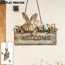 2D Flat, 1pc Hanging Rabbit Welcome Sign, Home Decor, Spring Gift, Easter Decoration, Cute Style Wall Decor, Childlike Home Sign, Gift For Rabbit Lovers, Porch Decor, Yard Wall Decor, Outdoor Wall Decor - A - View 2